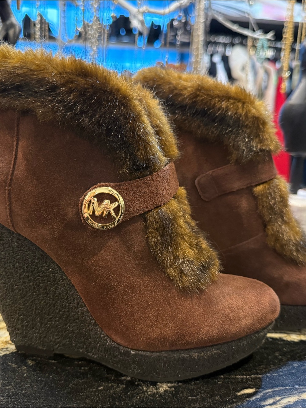 MICHAEL Michael Kors Brown Suede Fur-Trim Wedge Booties